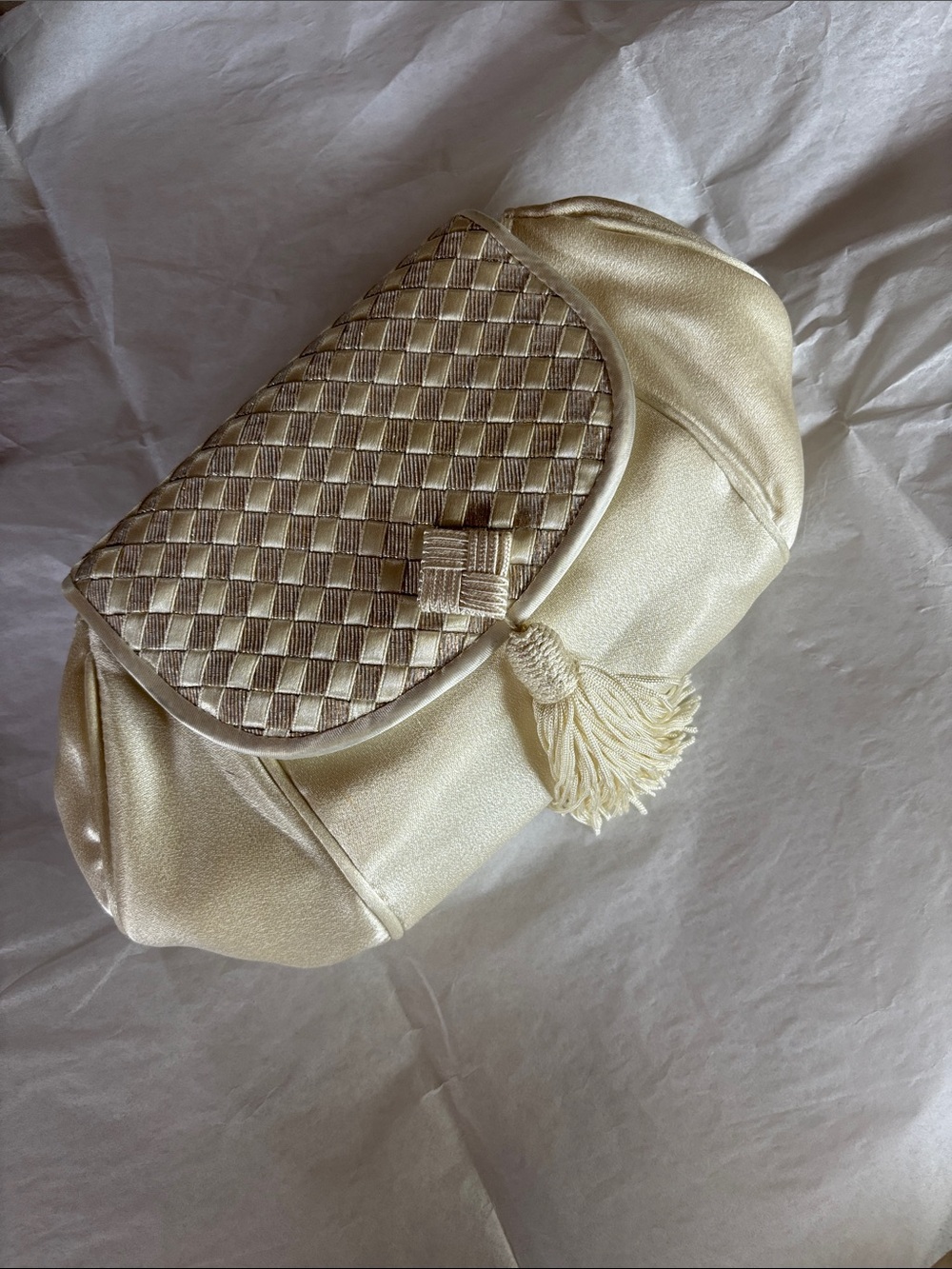 Cream Satin Woven Flap Clutch with Tassel